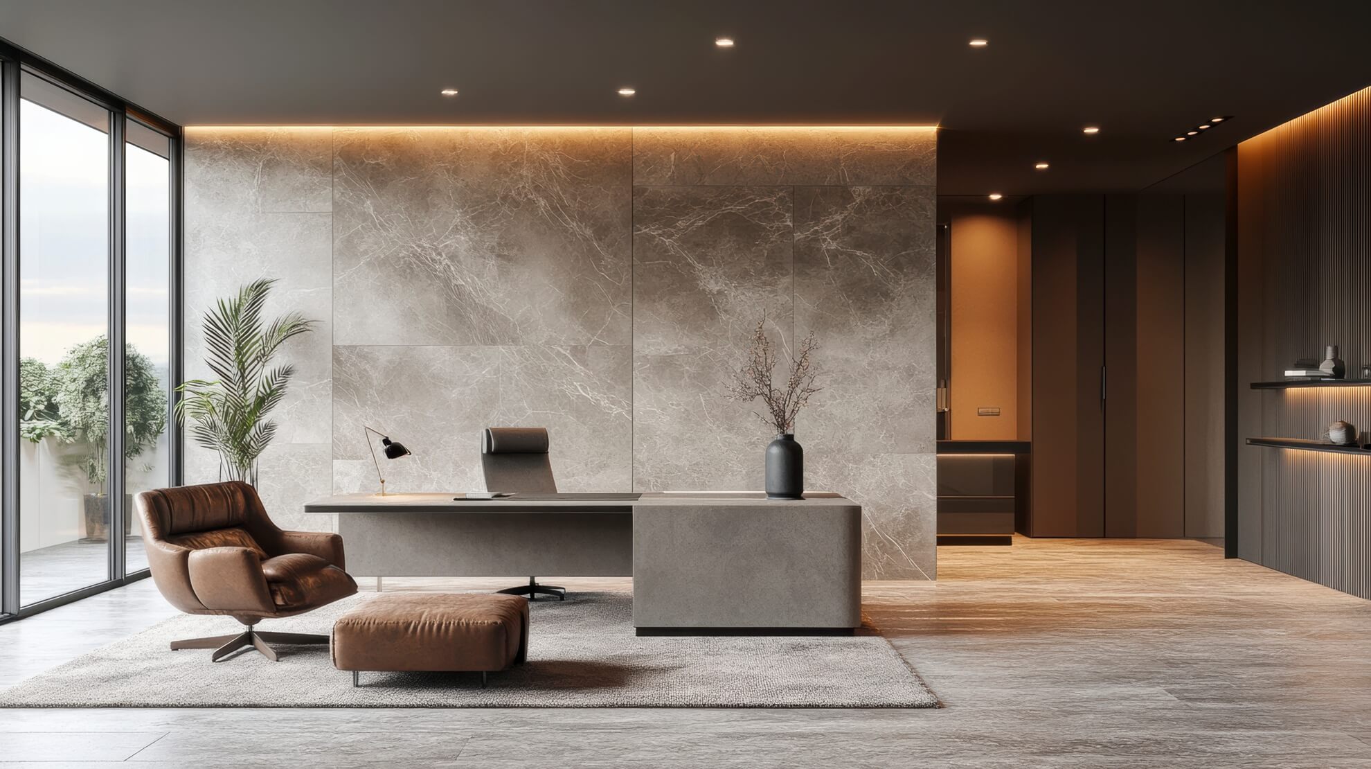 Ambiente corporativo contemporâneo com grande aplicação de pedra natural